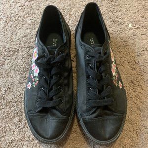 Satin Black Floral Shoes
